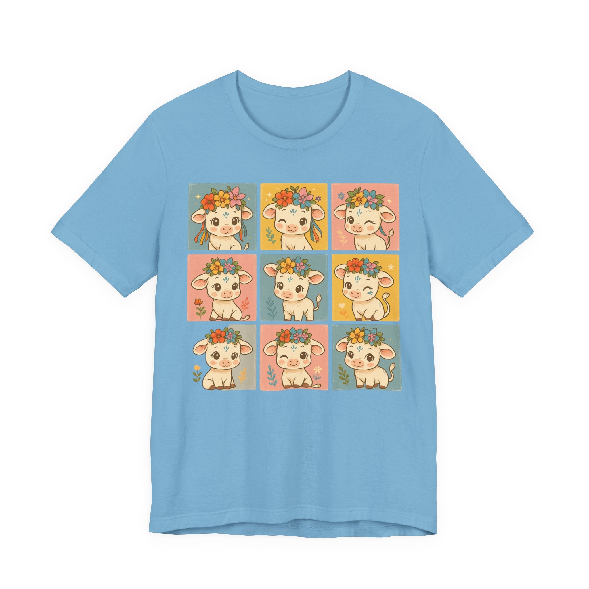 Cute Floral Cow Grid T-Shirt — Kawaii Calf Graphic Tee