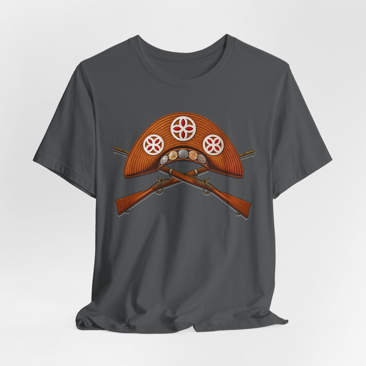 Cangaceiro Hat and Crossed Rifles t-shirt hanging mockup in asphalt