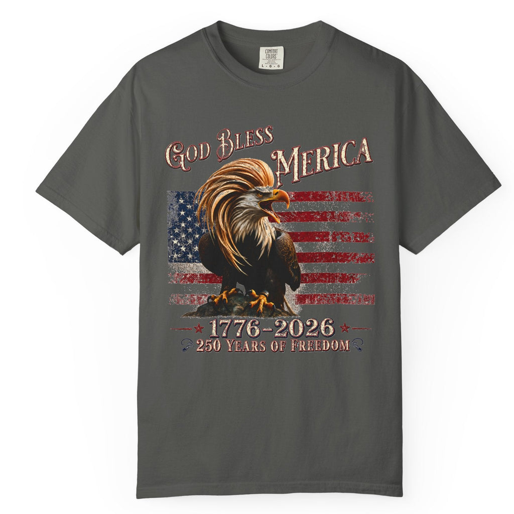 Gray t-shirt with an eagle and American flag design on a white background