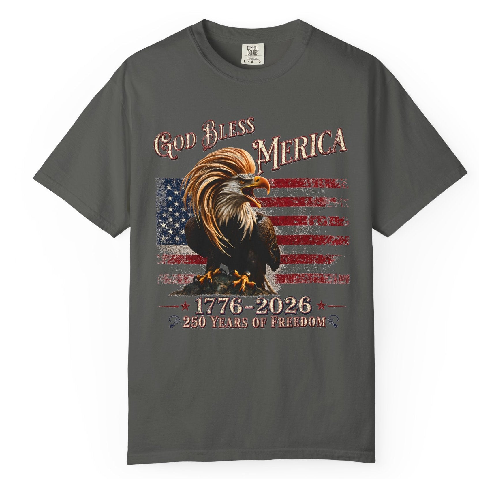 Gray t-shirt with an eagle and American flag design on a white background