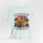 Don't Worry Be Cappy capybara t-shirt hanging mockup in Heather Ice Blue