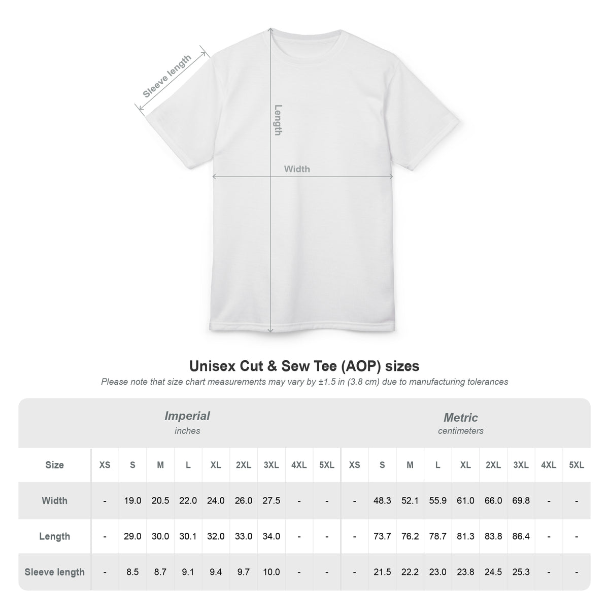 White t-shirt with measurements and size chart on a white background
