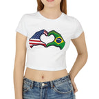 Woman wearing a white t-shirt with a heart design in American and Brazilian flags on a white background
