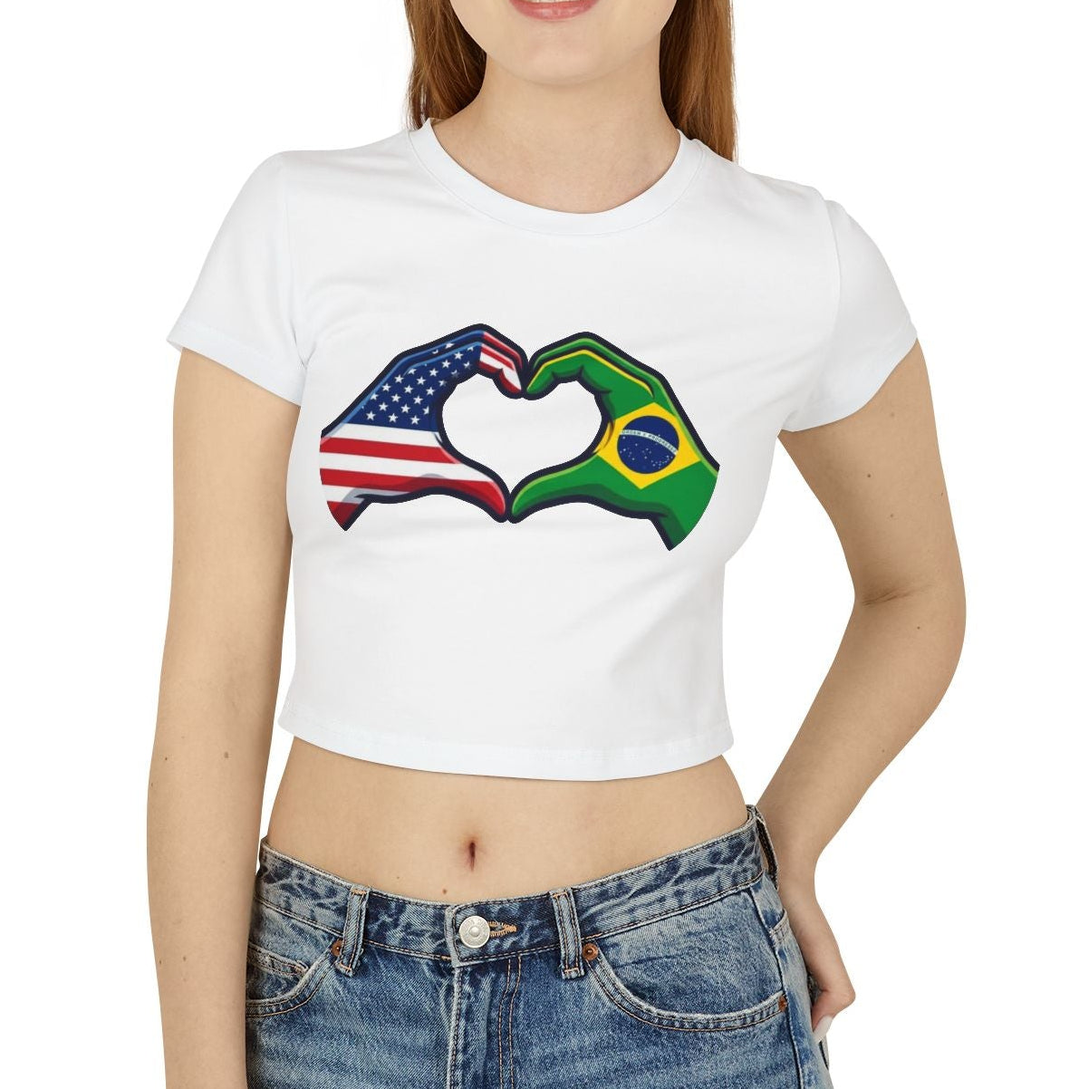 Woman wearing a white t-shirt with a heart design in American and Brazilian flags on a white background