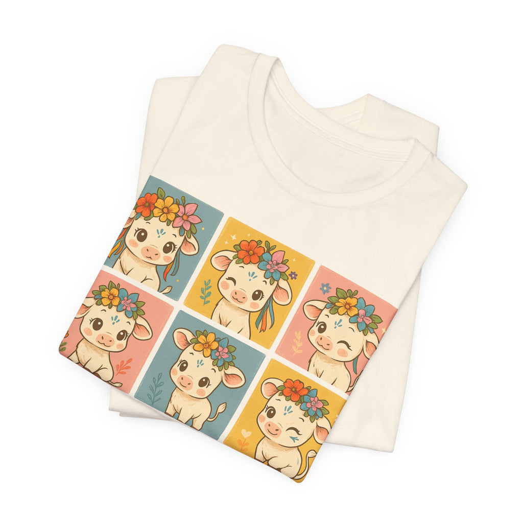 Cute Floral Cow Grid T-Shirt — Kawaii Calf Graphic Tee