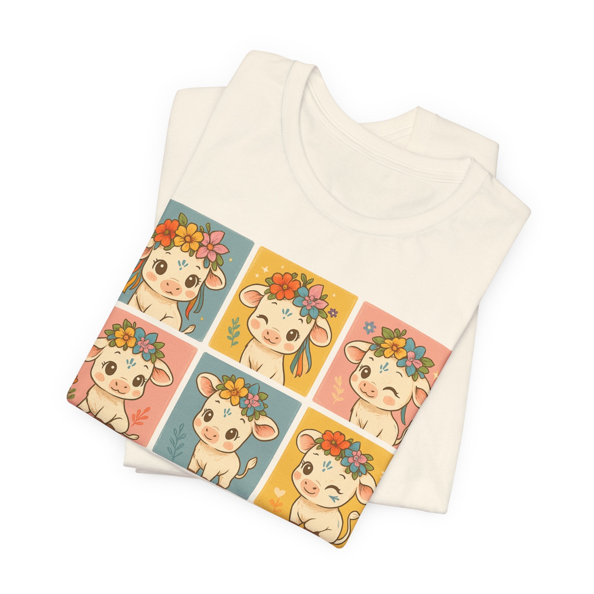 Cute Floral Cow Grid T-Shirt — Kawaii Calf Graphic Tee