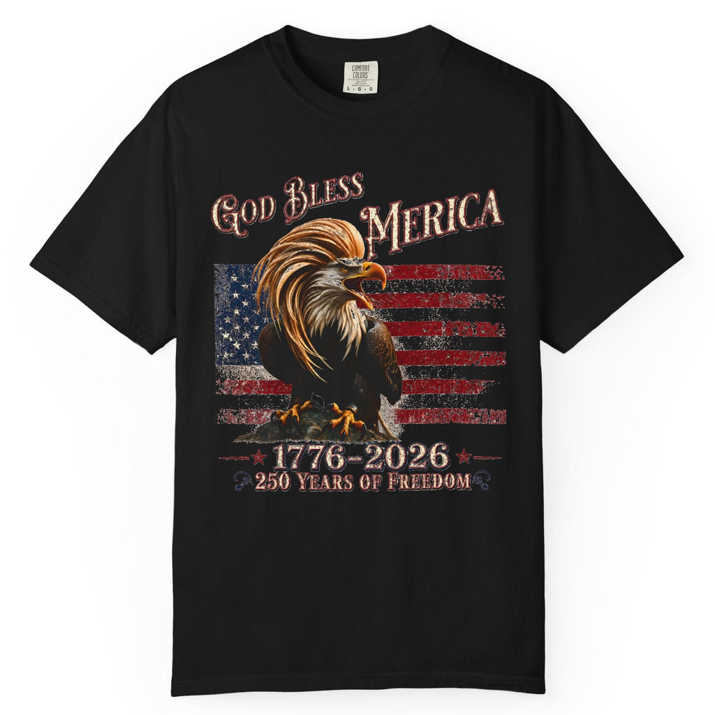 Black t-shirt with an eagle and American flag design on a white background