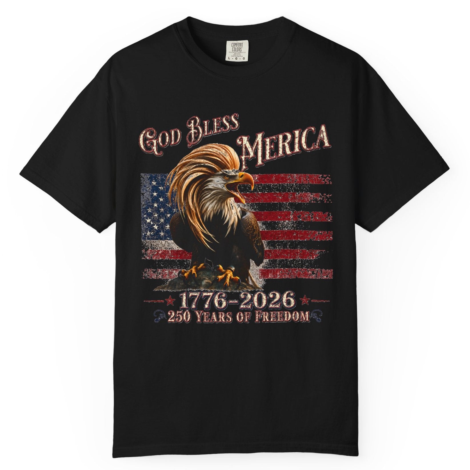 Black t-shirt with an eagle and American flag design on a white background