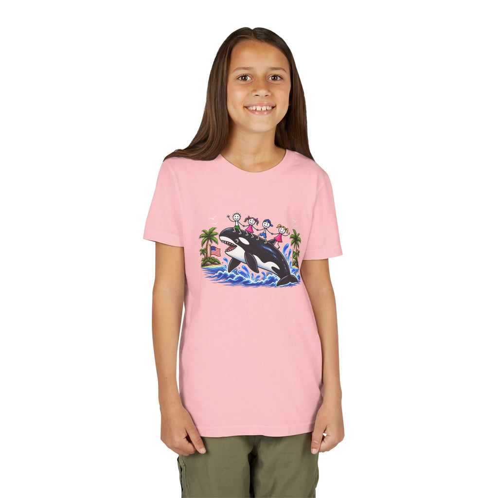 Kids orca whale beach t-shirt model mockup in pink