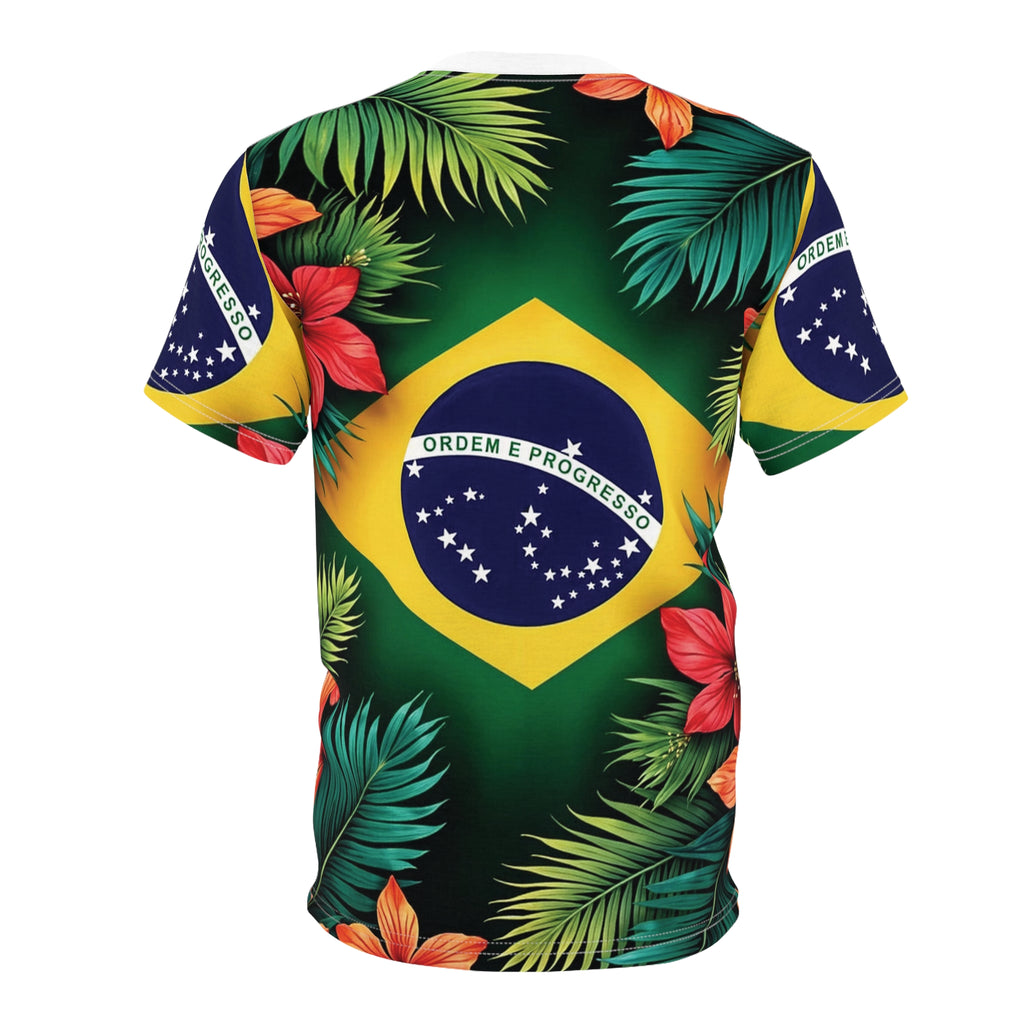 Brazil Flag Tropical Floral Unisex Cut & Sew Tee, Men Women Brazilian Culture Carnival World Cup Rio Shirt, Lightweight Breathable Vibrant