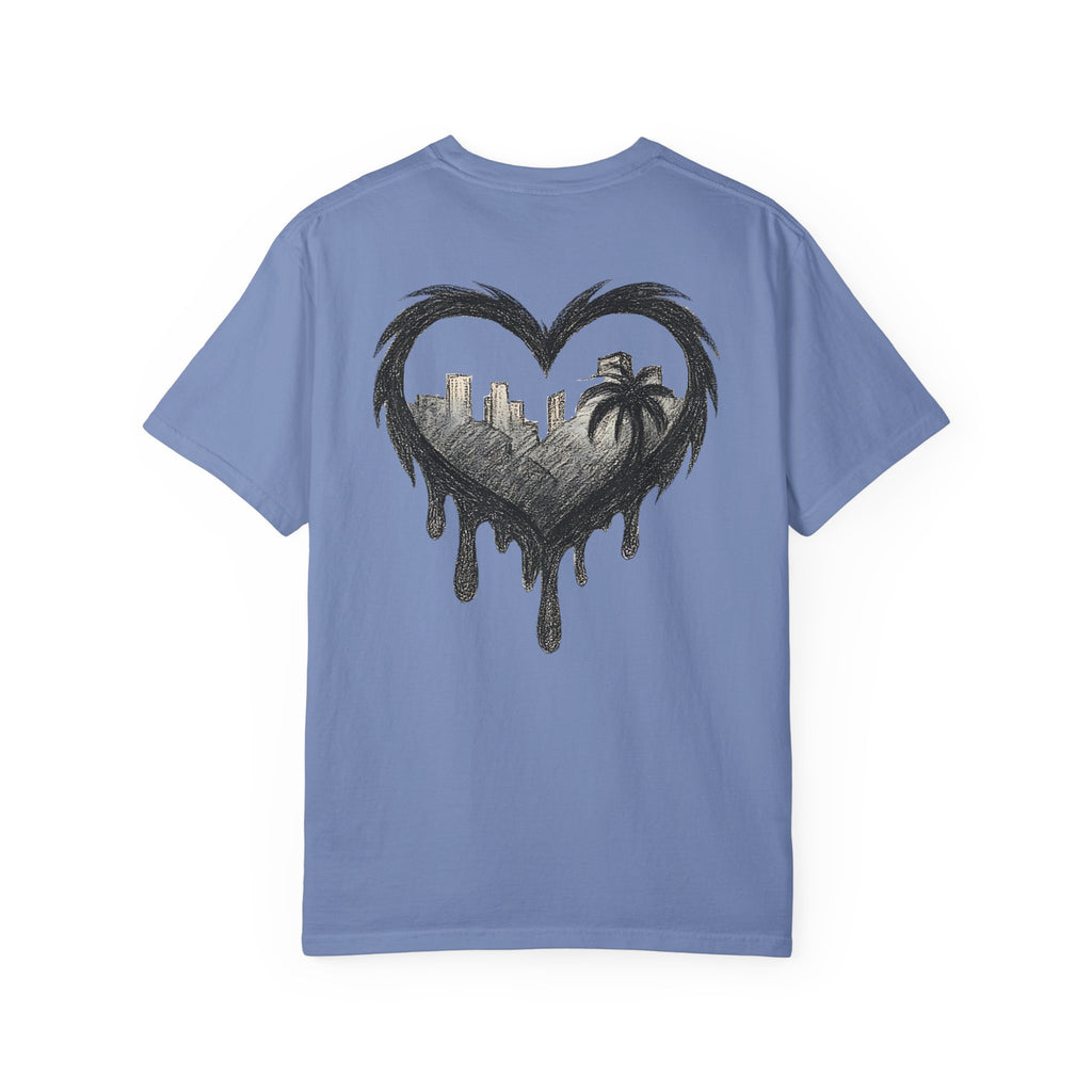 Dripping heart skyline t shirt palm tree cityscape graphic tee urban sketch art shirt bohemian summer style graphic heart shirt