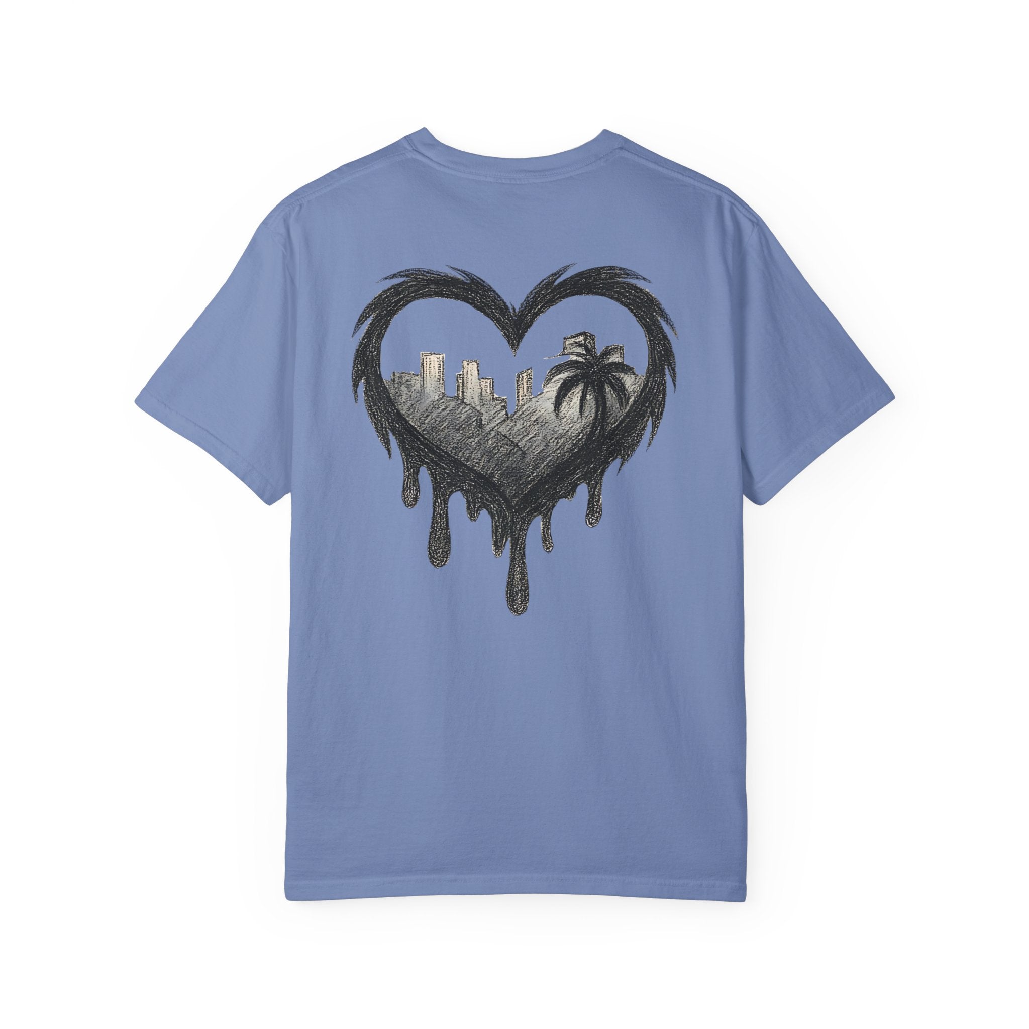 Dripping heart skyline t shirt palm tree cityscape graphic tee urban sketch art shirt bohemian summer style graphic heart shirt