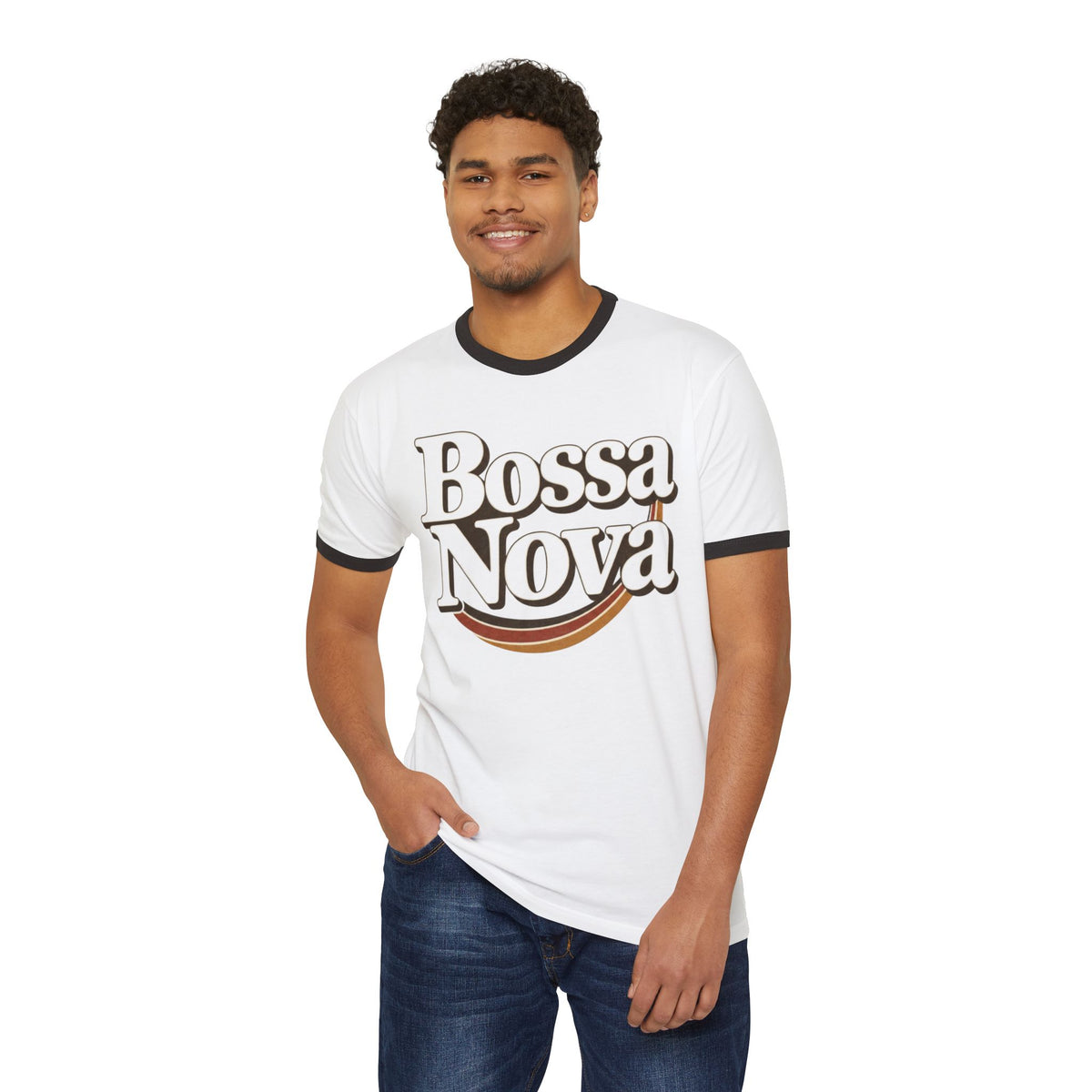 Front view of the Bossa Nova white and black ringer tee on a male model