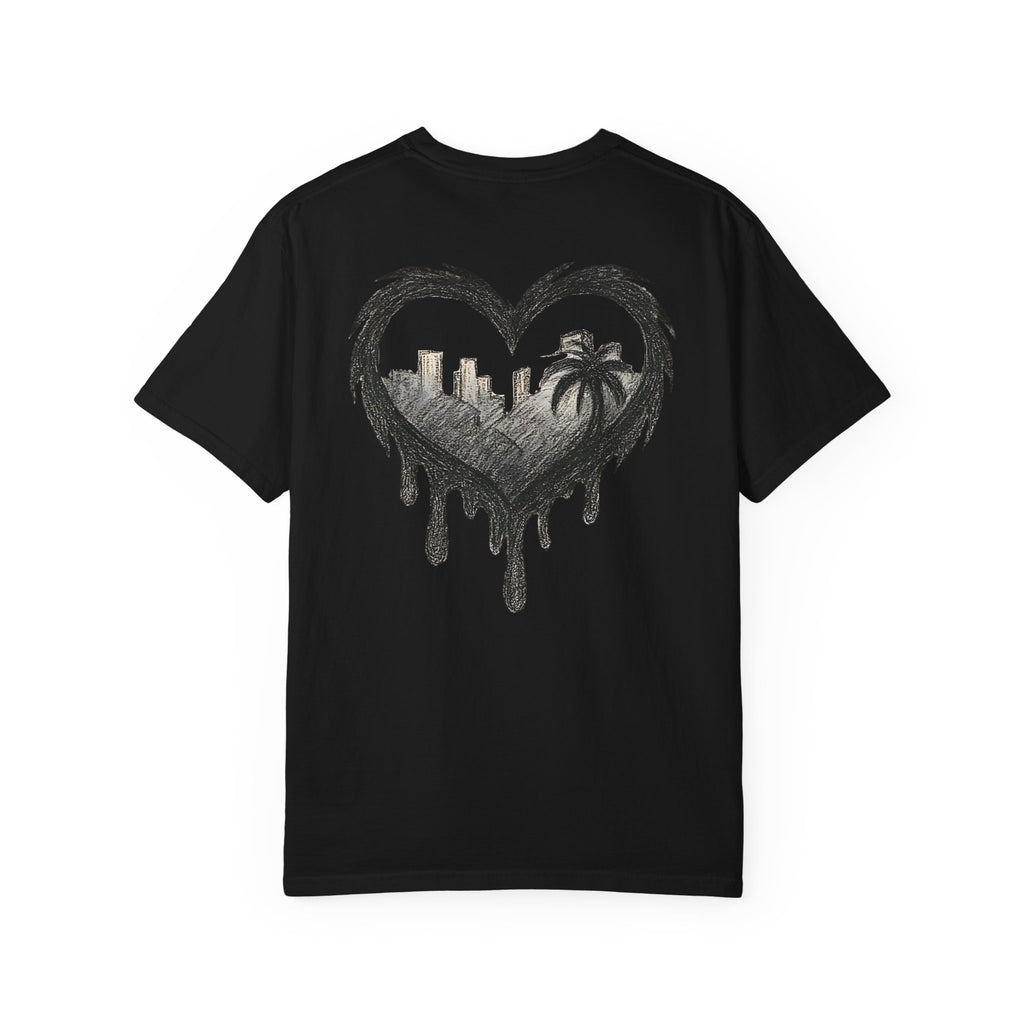 Dripping heart skyline t shirt palm tree cityscape graphic tee urban sketch art shirt bohemian summer style graphic heart shirt