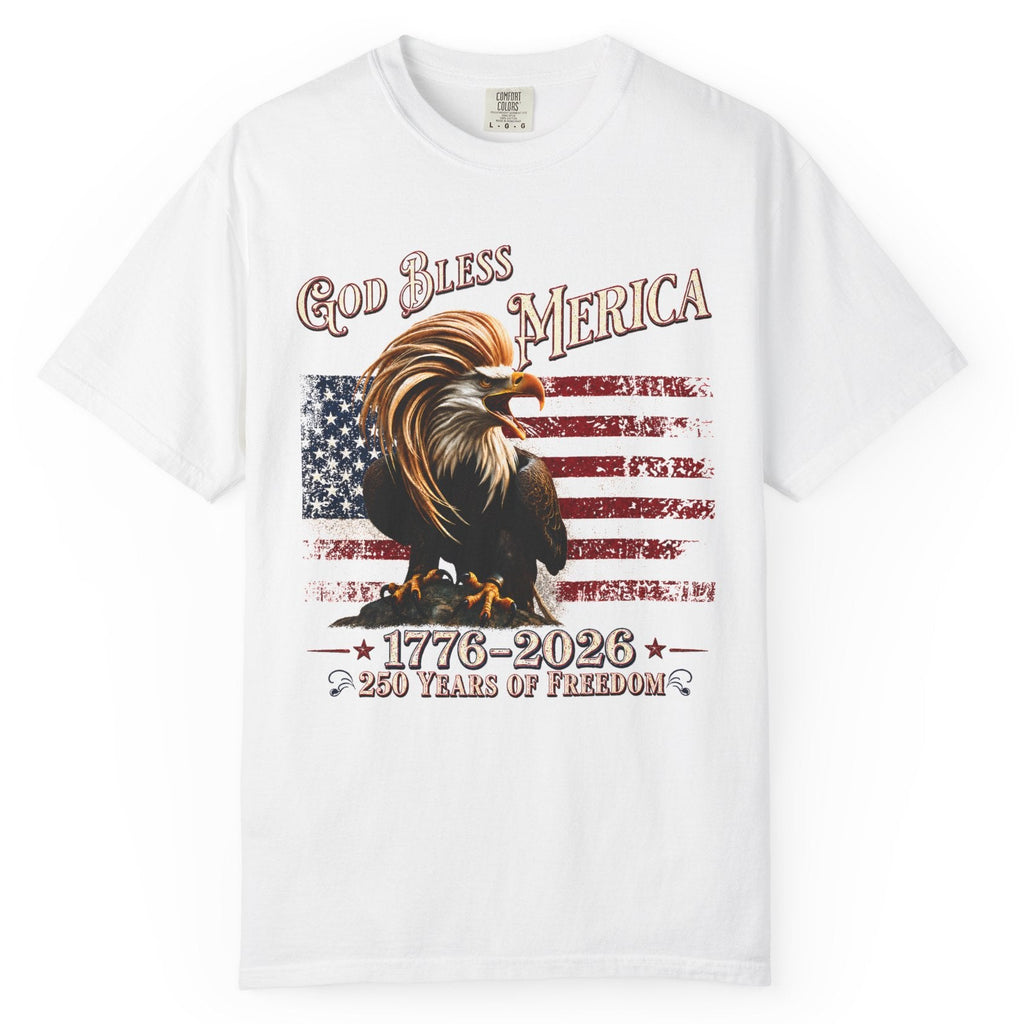 White t-shirt with an eagle and American flag design on a white background
