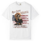 White t-shirt with an eagle and American flag design on a white background