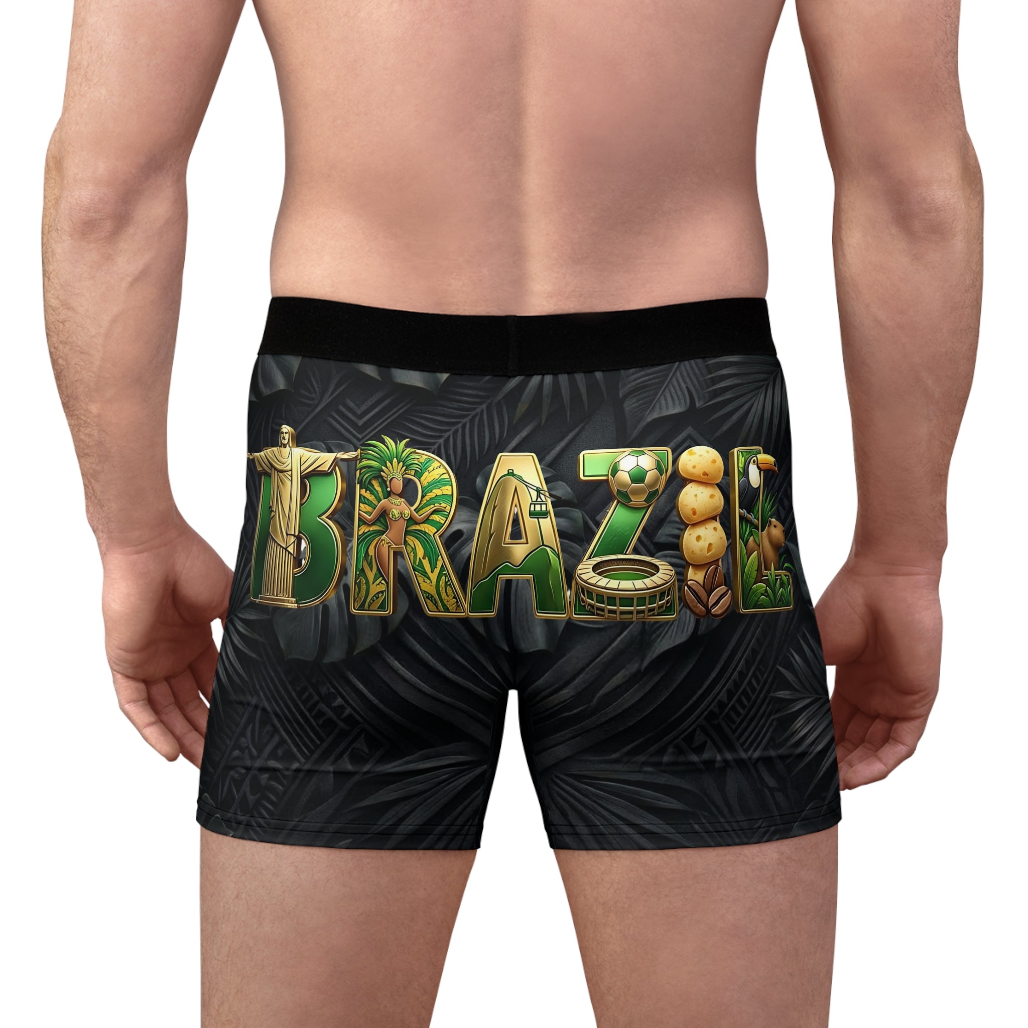 Brazil Tropical Leaf Boxer Briefs | Bold BRAZIL Back Graphic, Vertical Front Accent