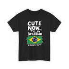Black t-shirt with Brazilian flag and text on a white background