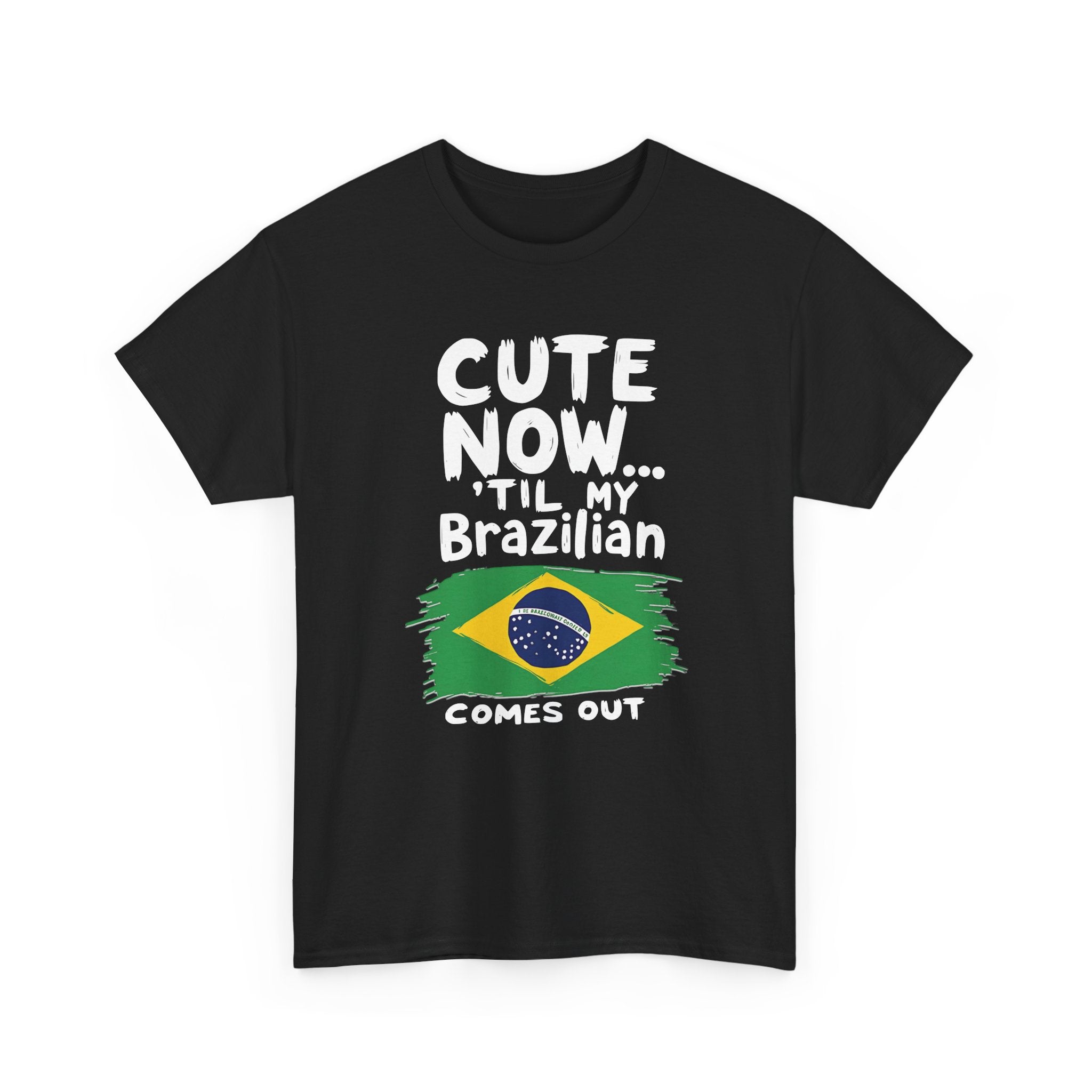 Black t-shirt with Brazilian flag and text on a white background