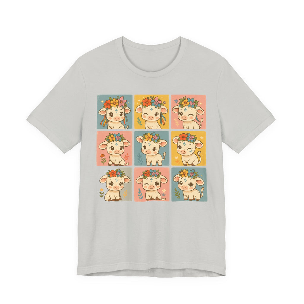 Cute Floral Cow Grid T-Shirt — Kawaii Calf Graphic Tee