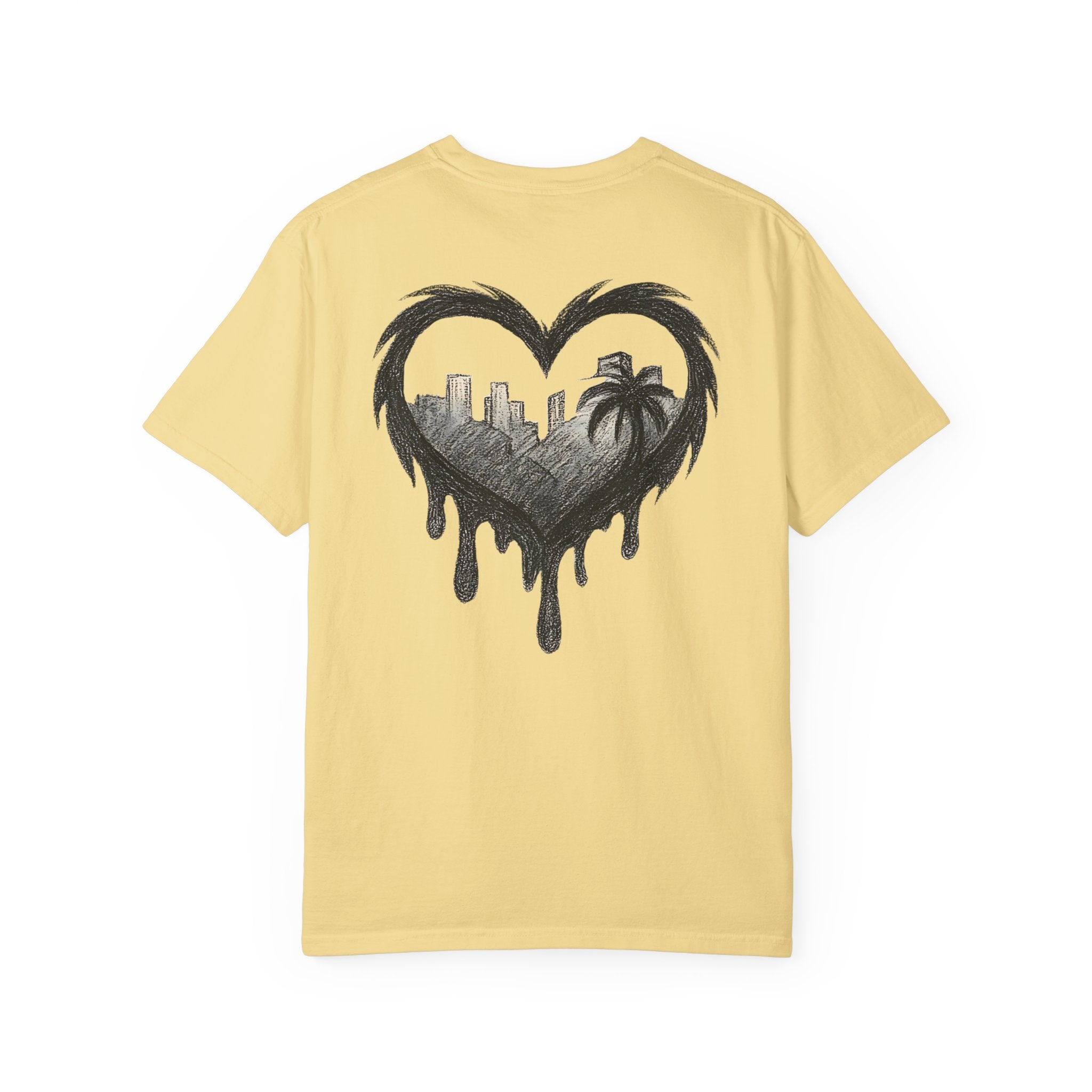 Dripping heart skyline t shirt palm tree cityscape graphic tee urban sketch art shirt bohemian summer style graphic heart shirt