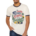 Man wearing a white t-shirt with colorful text and graphics on a white background