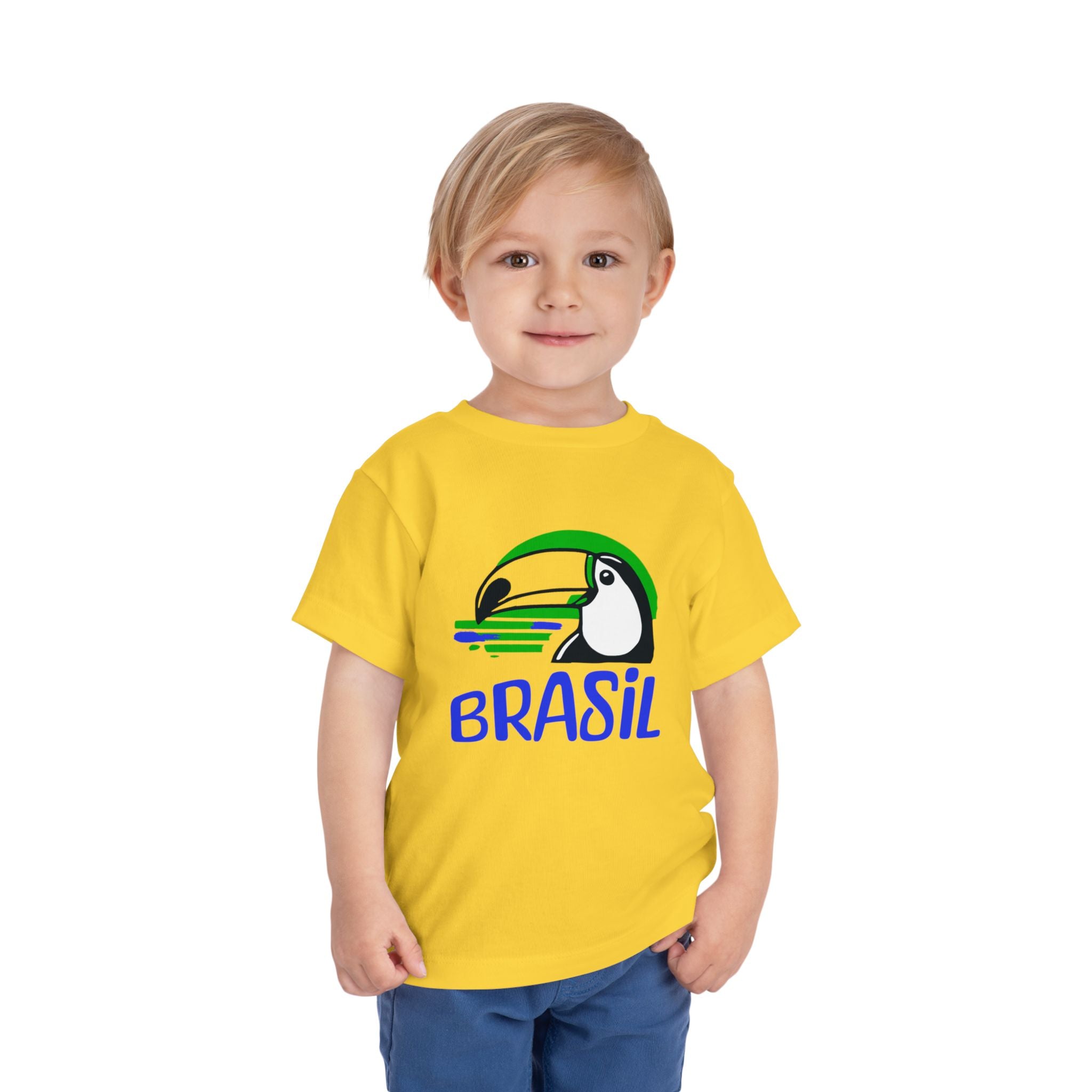 Brazilian-American Crianças T-Shirt - Toucan Design on Amarelo - Celebrate Brazilian Roots Toddler Short Sleeve Tee