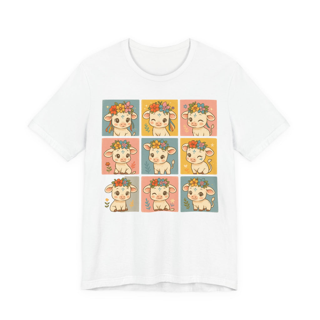 Cute Floral Cow Grid T-Shirt — Kawaii Calf Graphic Tee