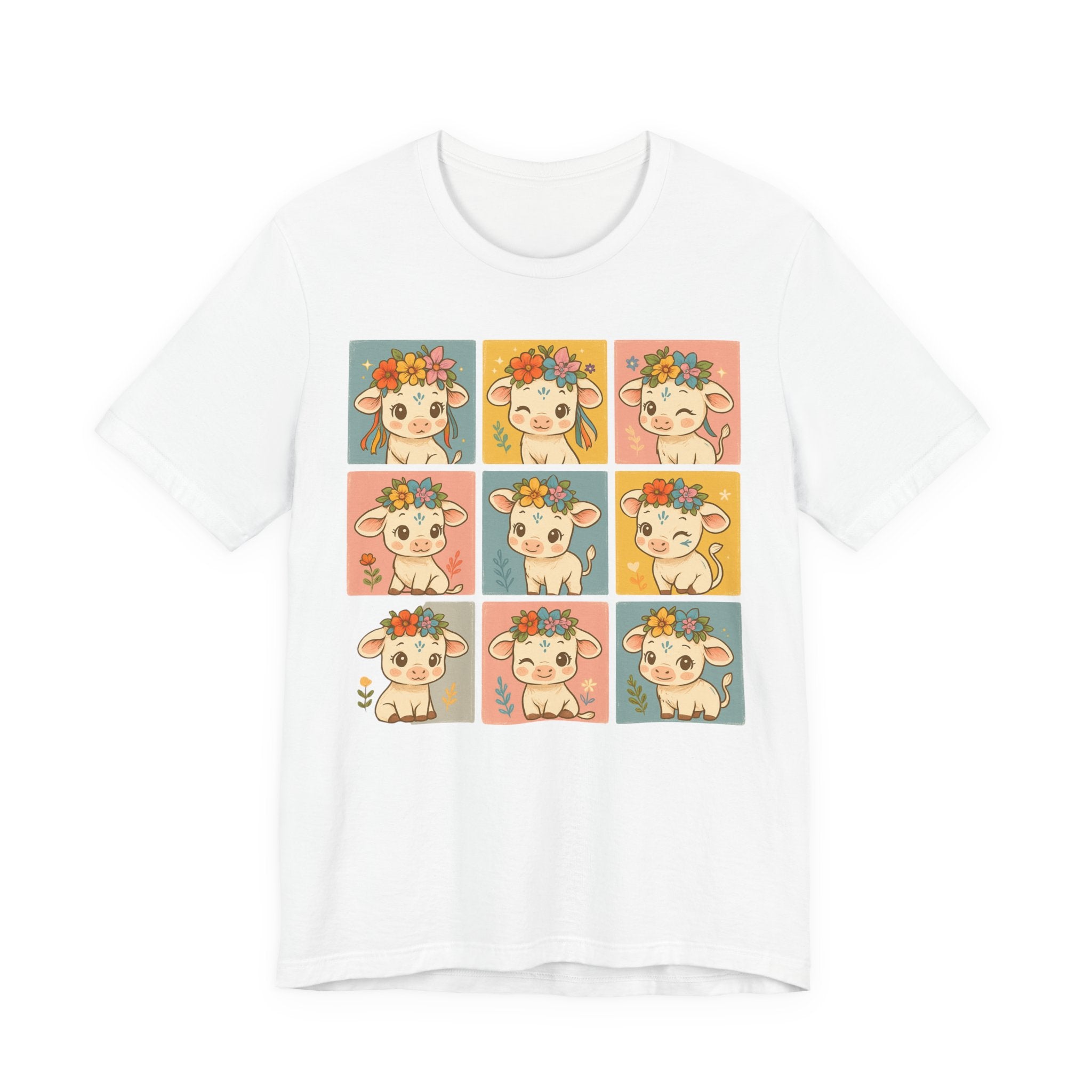 Cute Floral Cow Grid T-Shirt — Kawaii Calf Graphic Tee