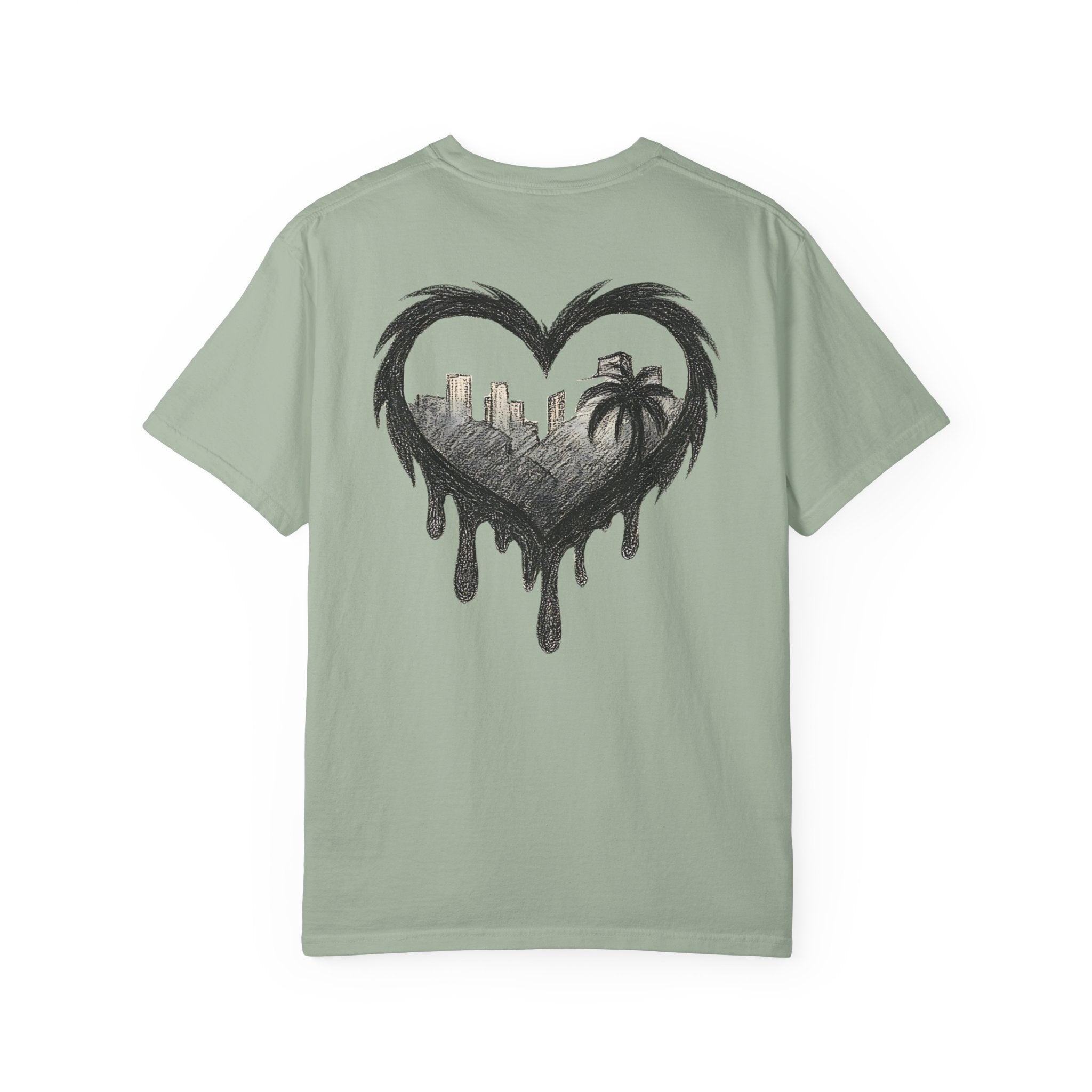 Dripping heart skyline t shirt palm tree cityscape graphic tee urban sketch art shirt bohemian summer style graphic heart shirt