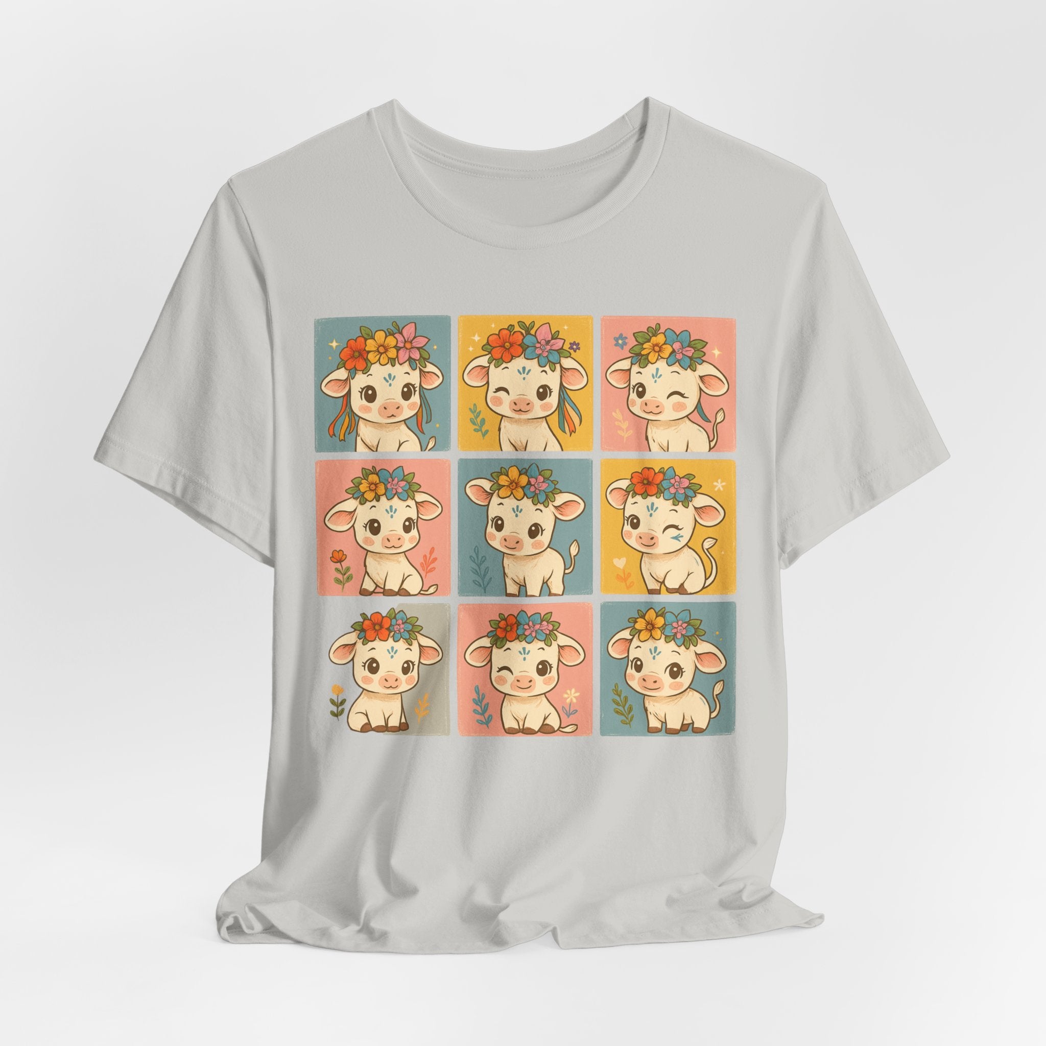 Cute Floral Cow Grid T-Shirt — Kawaii Calf Graphic Tee