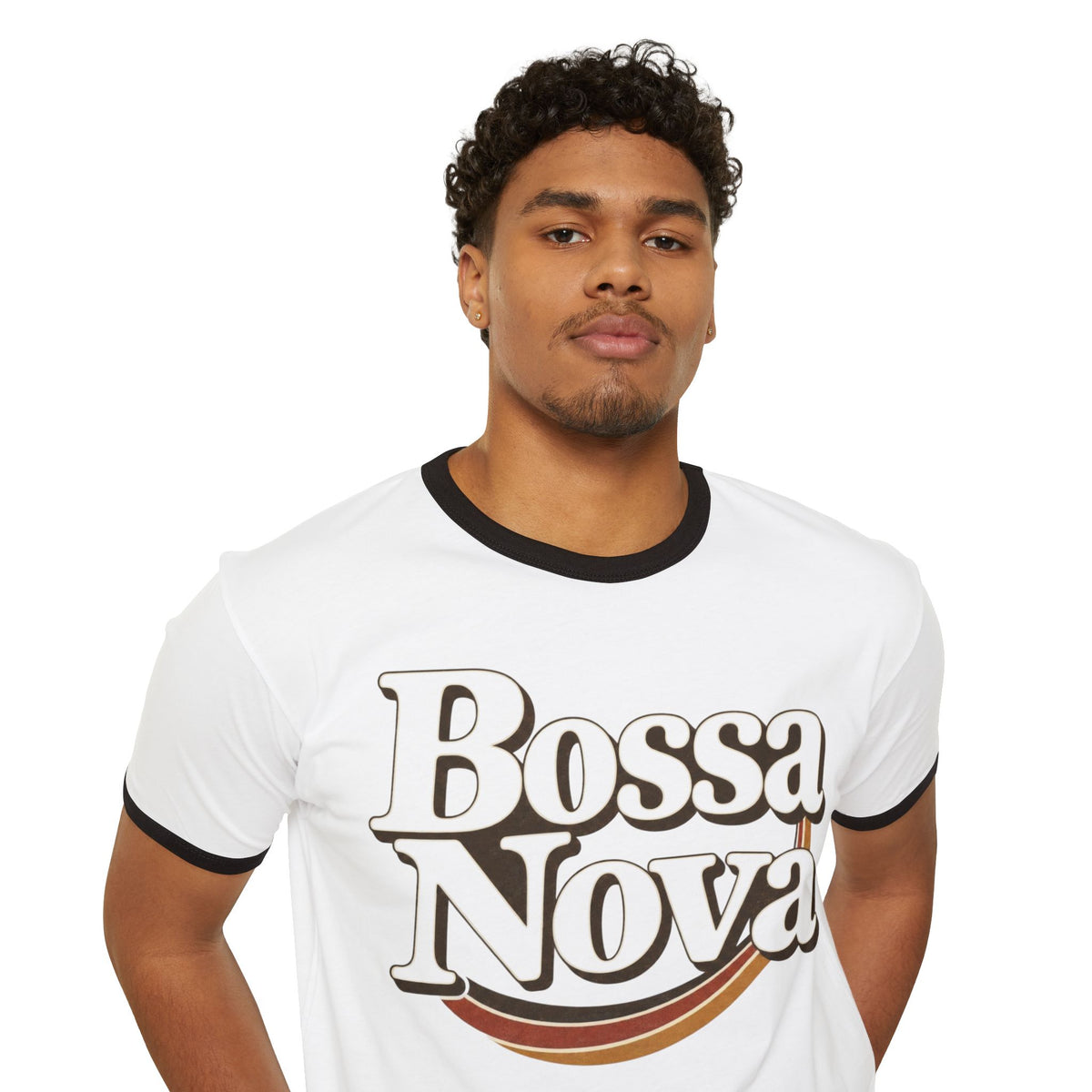 Close-up of the Bossa Nova lettering and curved stripes on the white ringer tee
