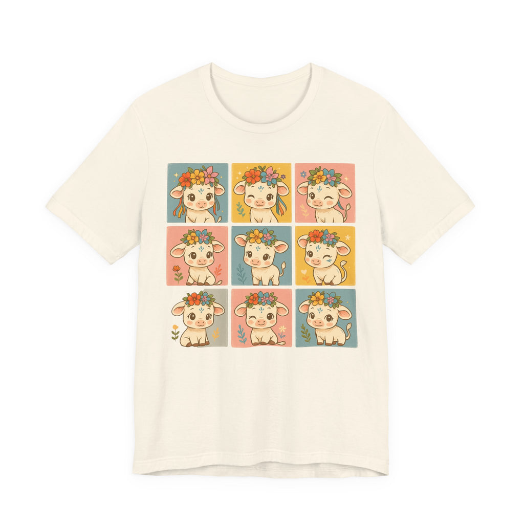 Cute Floral Cow Grid T-Shirt — Kawaii Calf Graphic Tee