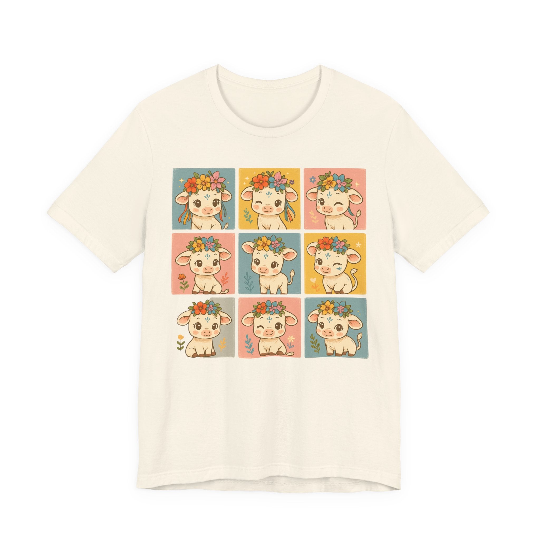 Cute Floral Cow Grid T-Shirt — Kawaii Calf Graphic Tee