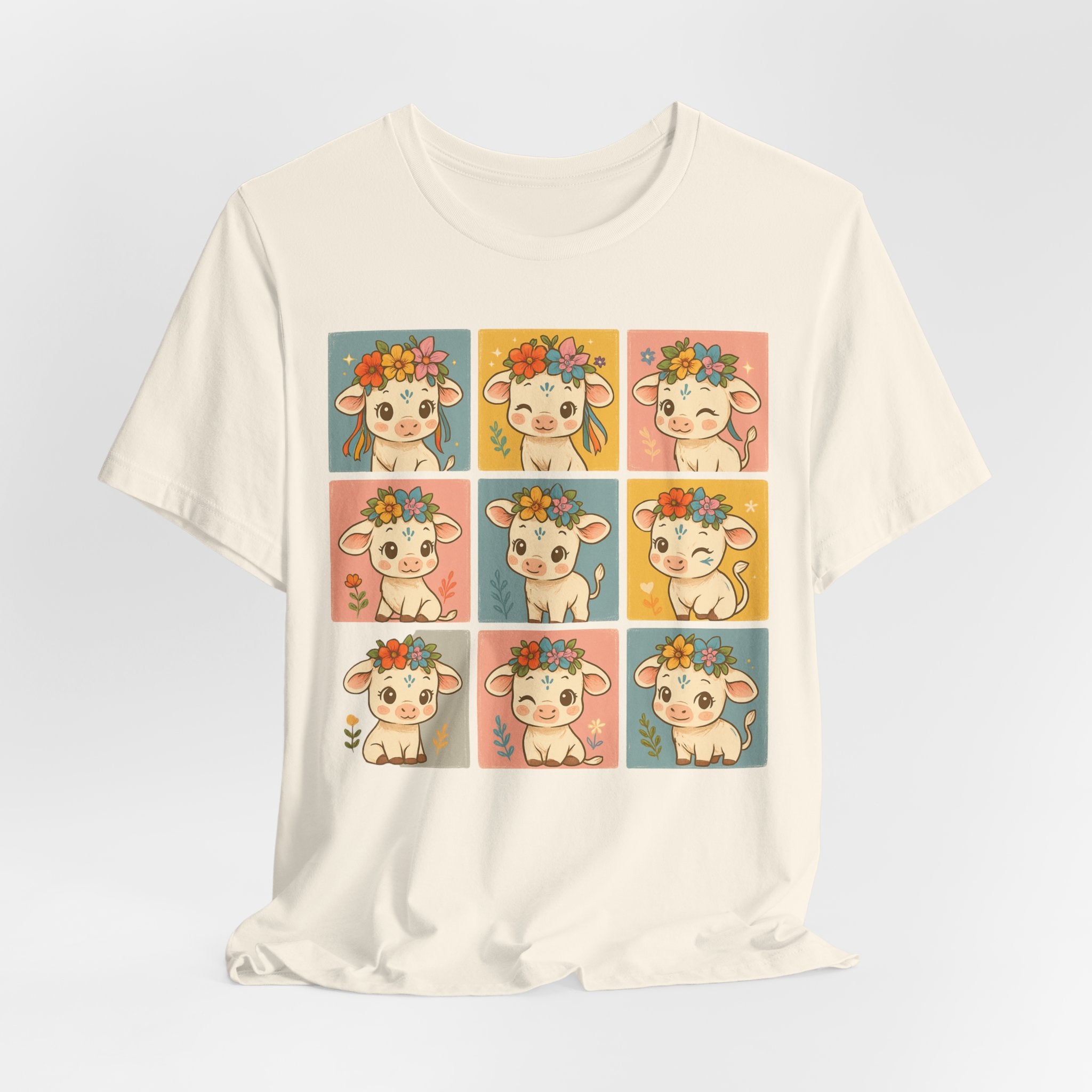 Cute Floral Cow Grid T-Shirt — Kawaii Calf Graphic Tee