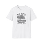 White t-shirt with gray 'Brazil' graphic design on a white background