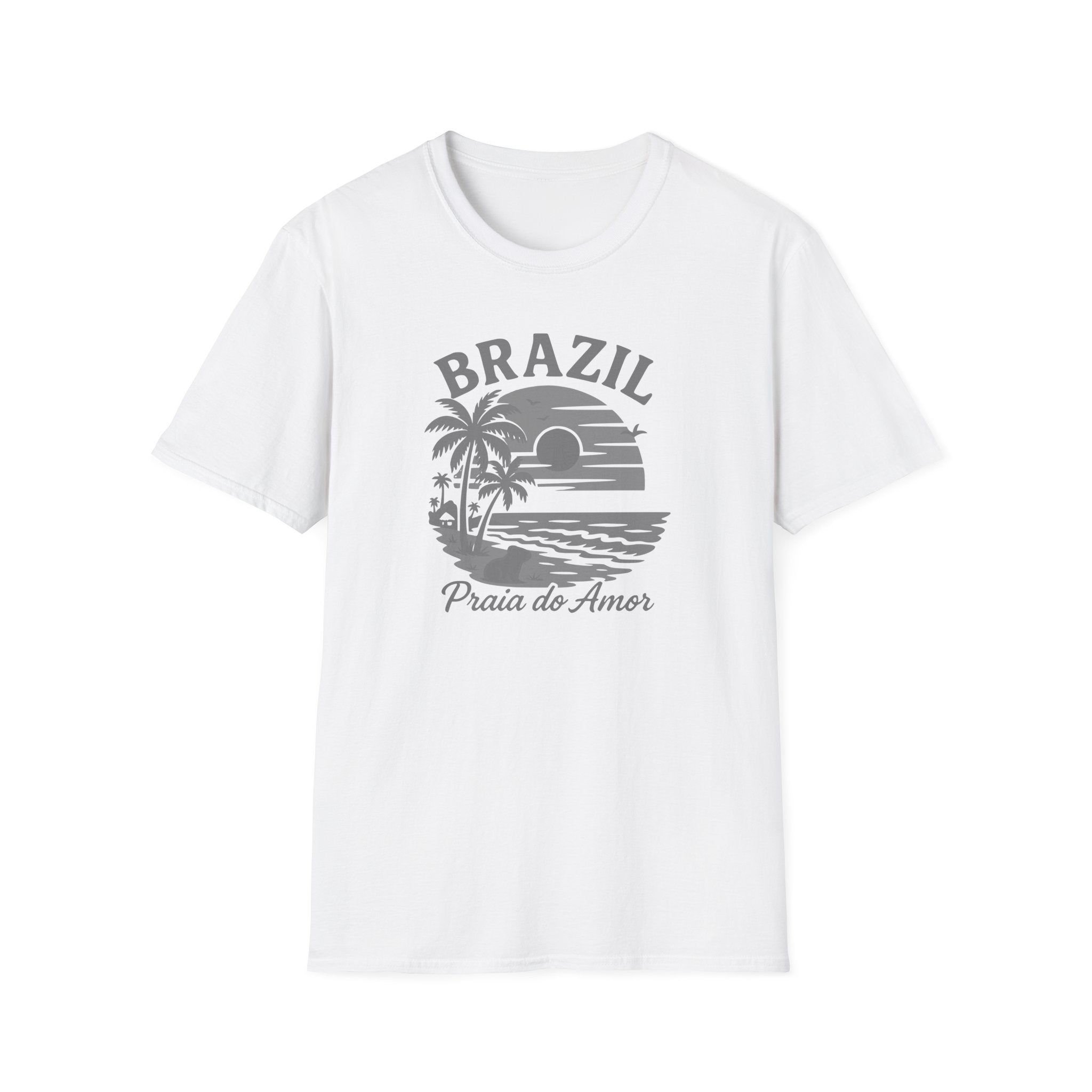 White t-shirt with gray 'Brazil' graphic design on a white background