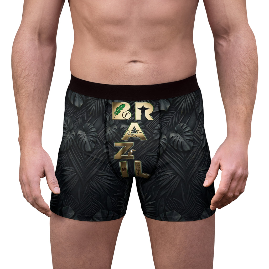 Black boxer briefs with gold 'Brazil' text and leaf pattern on a white background