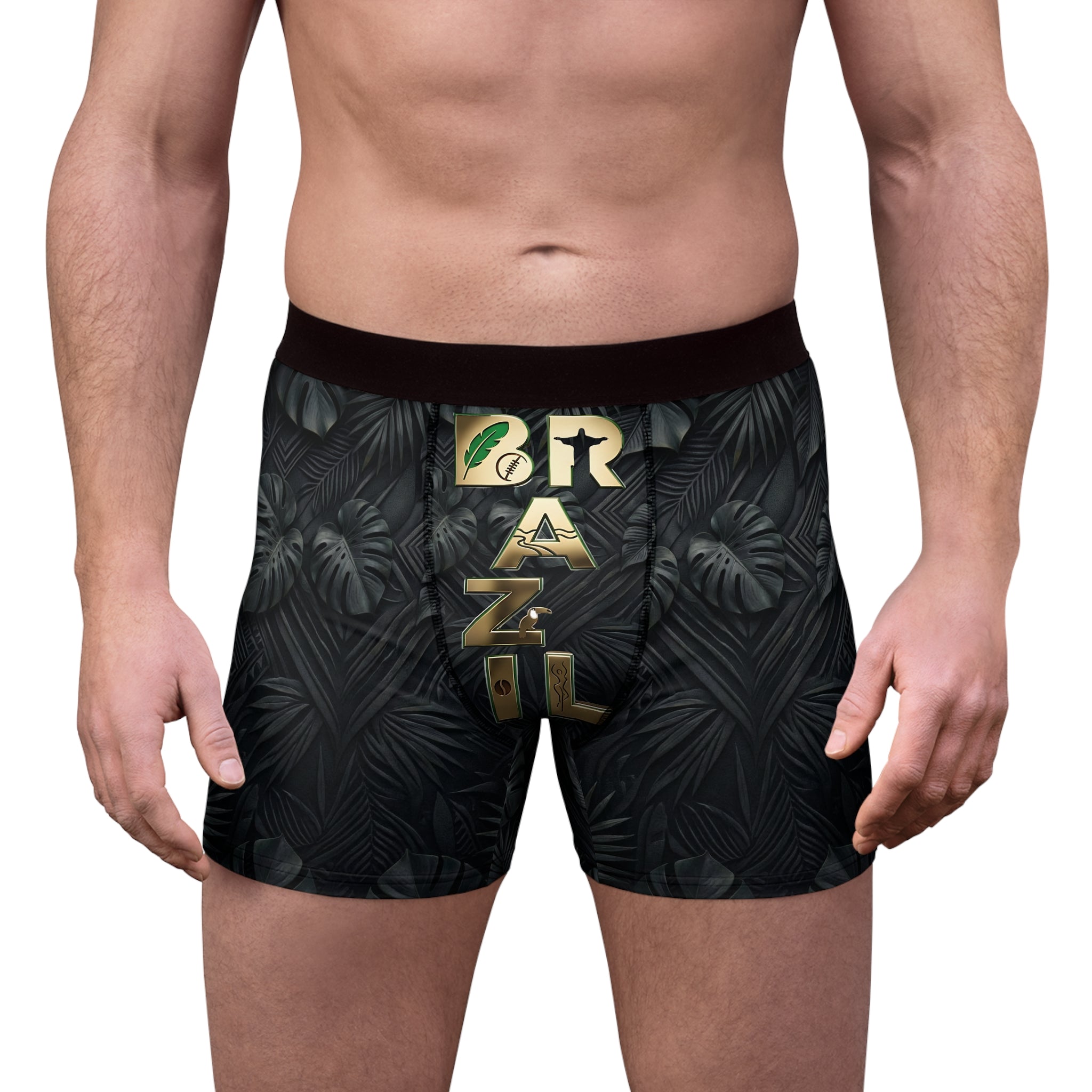 Black boxer briefs with gold 'Brazil' text and leaf pattern on a white background