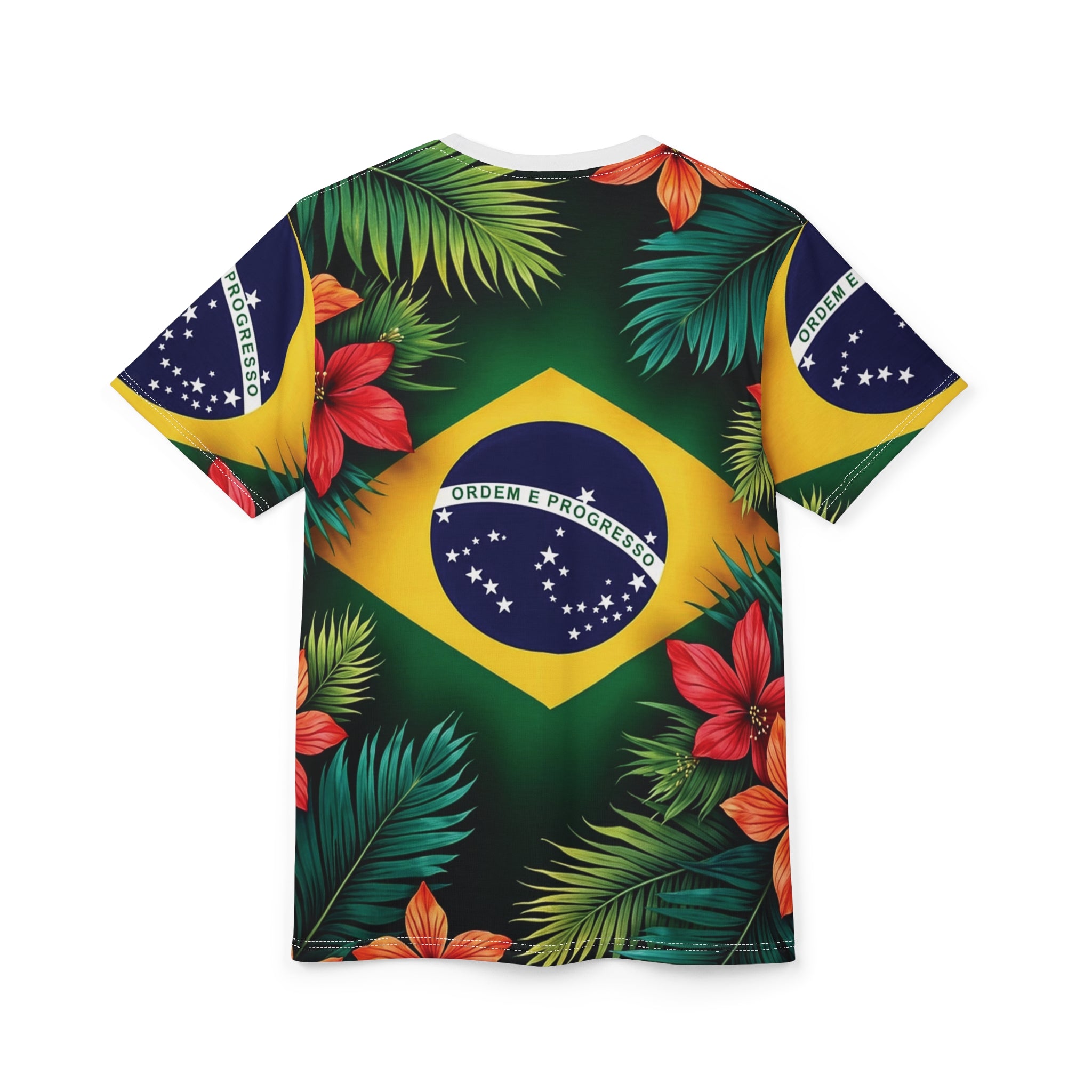 Brazil Flag Tropical Floral Unisex Cut & Sew Tee, Men Women Brazilian Culture Carnival World Cup Rio Shirt, Lightweight Breathable Vibrant