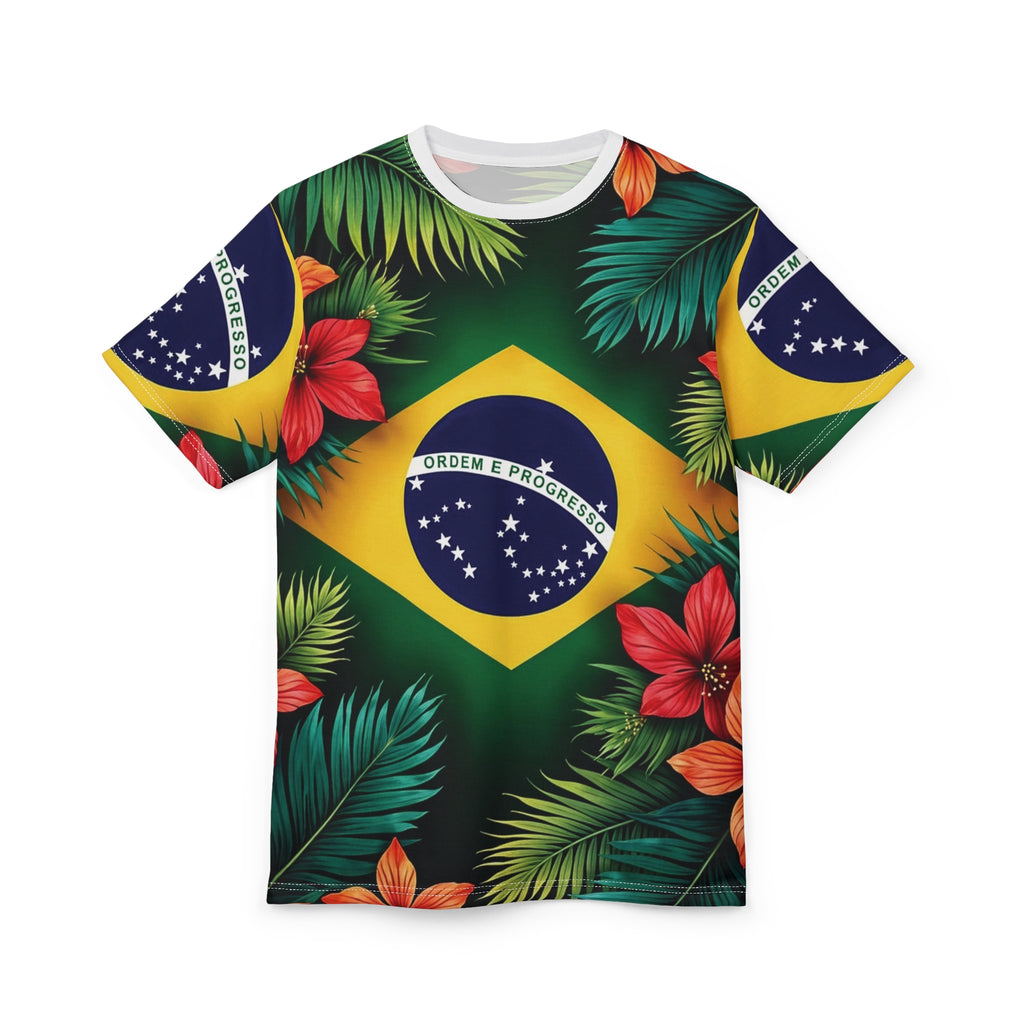 Brazil Flag Tropical Floral Unisex Cut & Sew Tee, Men Women Brazilian Culture Carnival World Cup Rio Shirt, Lightweight Breathable Vibrant
