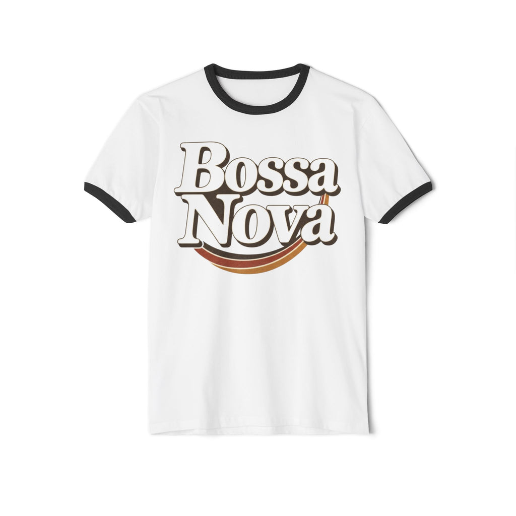 Bossa Nova retro ringer T-shirt in white with black collar and sleeve trim, front view