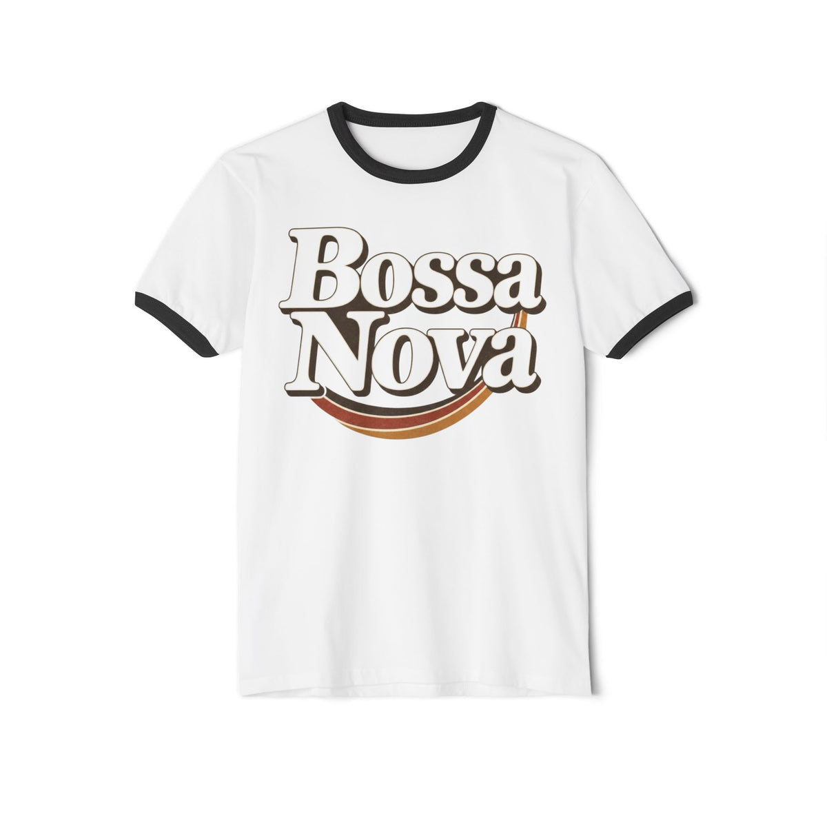 Bossa Nova retro ringer T-shirt in white with black collar and sleeve trim, front view
