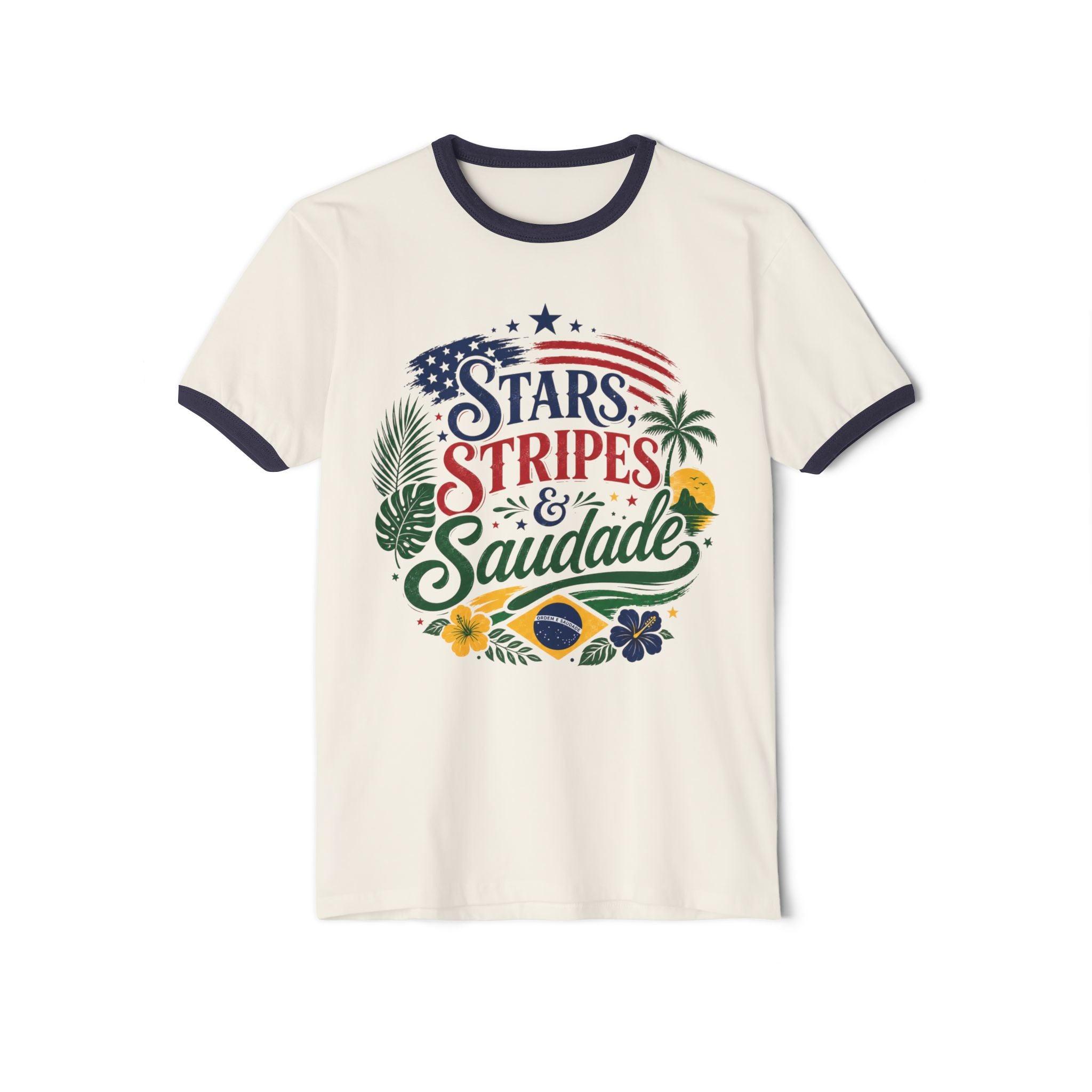 Stars, Stripes & Saudade Ringer T-Shirt | Brazil USA Tropical Flag Tee