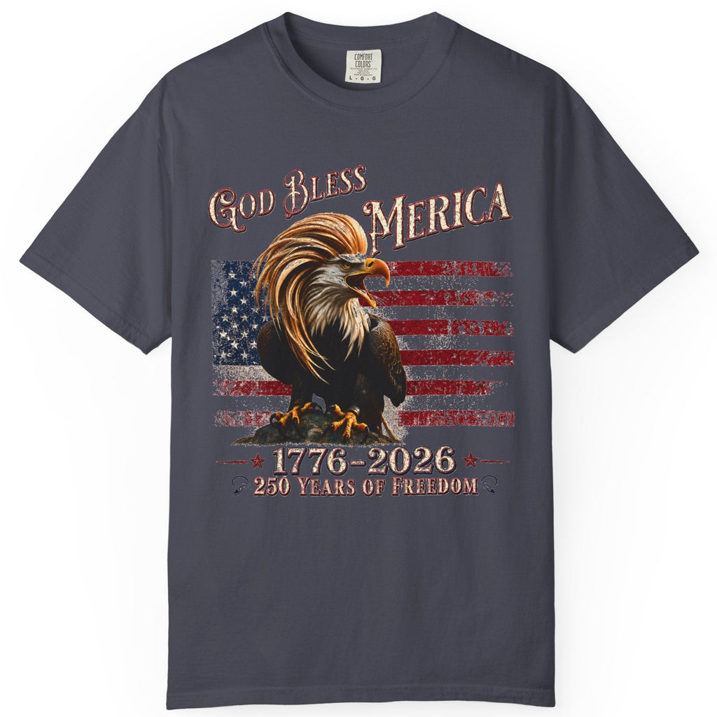 Gray t-shirt with an eagle and American flag design on a white background