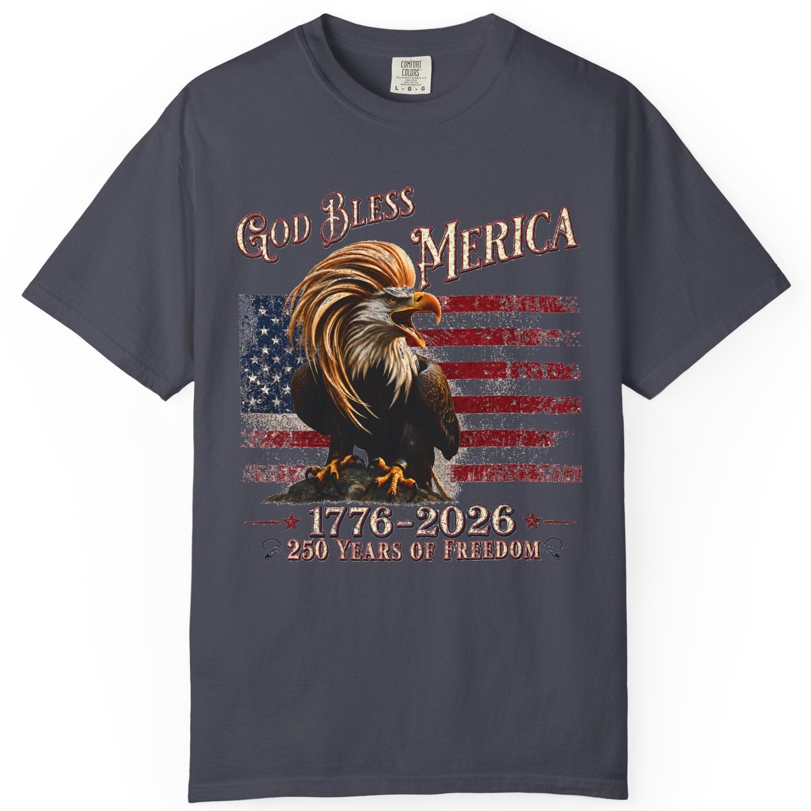 Gray t-shirt with an eagle and American flag design on a white background