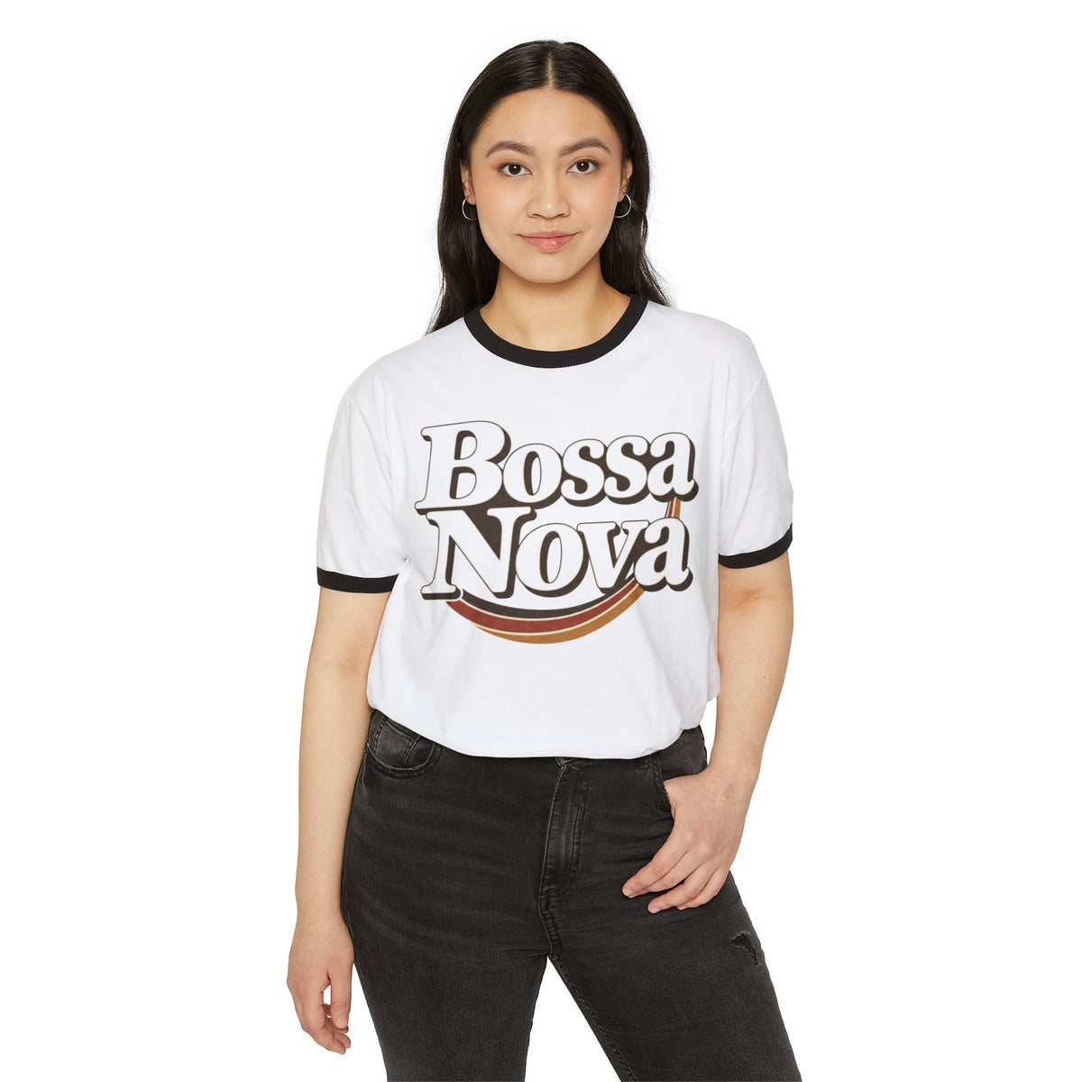 Front view of the Bossa Nova white and black ringer tee on a female model