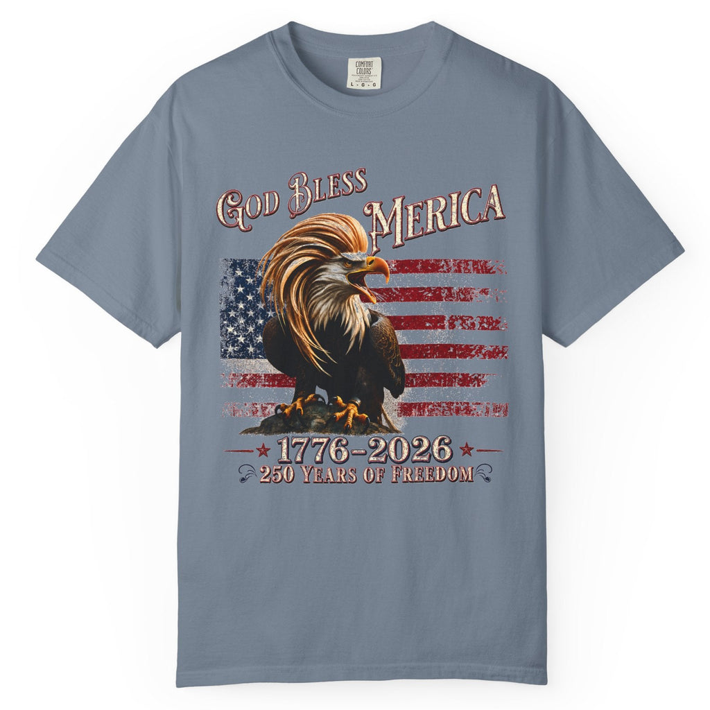 Gray t-shirt with an eagle and American flag design on a white background