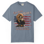 Gray t-shirt with an eagle and American flag design on a white background