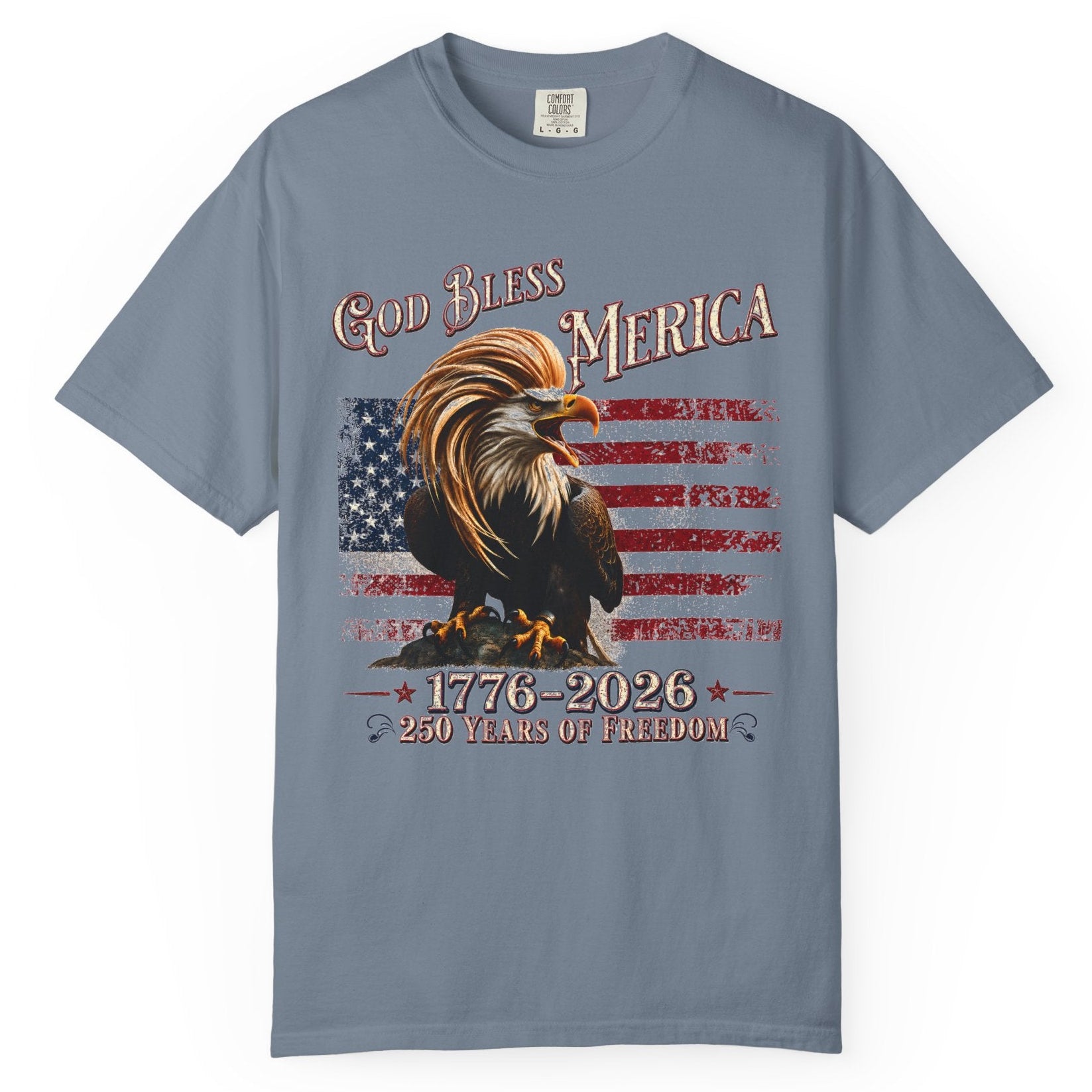 Gray t-shirt with an eagle and American flag design on a white background